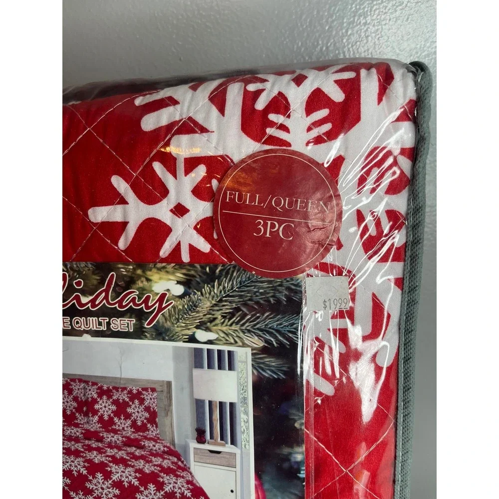 Spirit Linen‎ Holiday 3 Piece Quilt Set Full Queen Red White Snowflake Oversized
